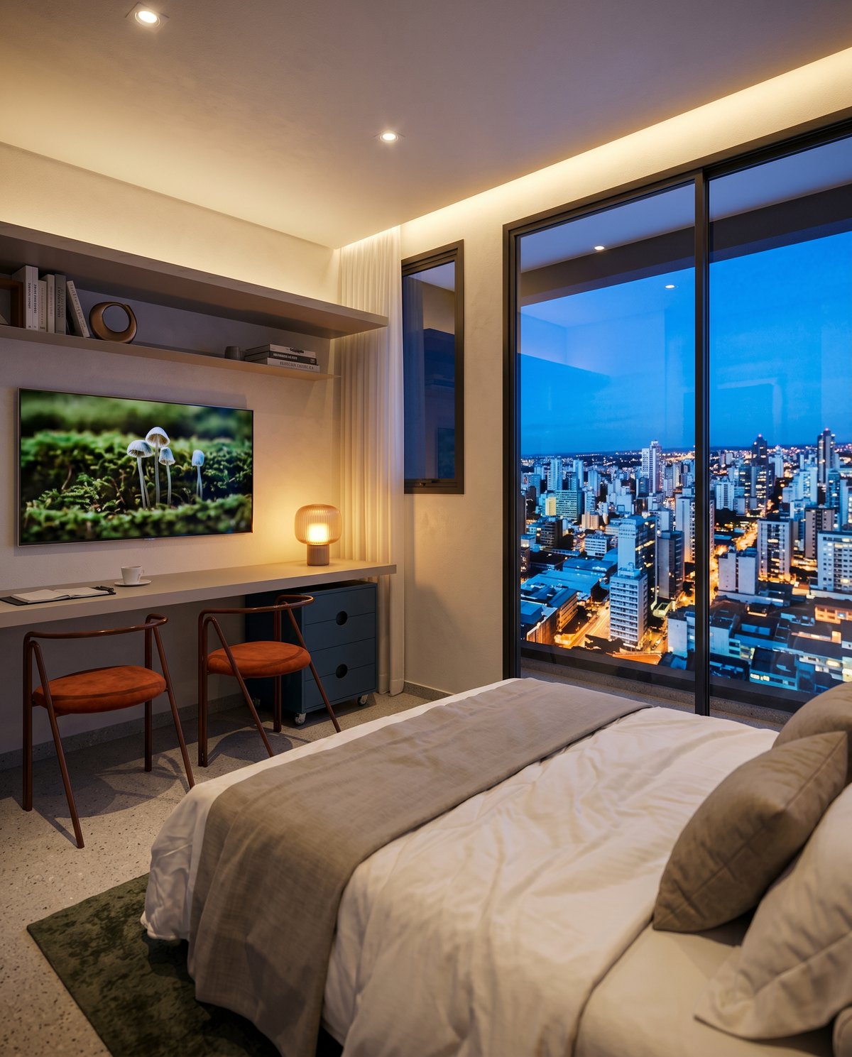 Estúdio Fresta — suíte integrada com vista para Curitiba e acabamento de alto padrão