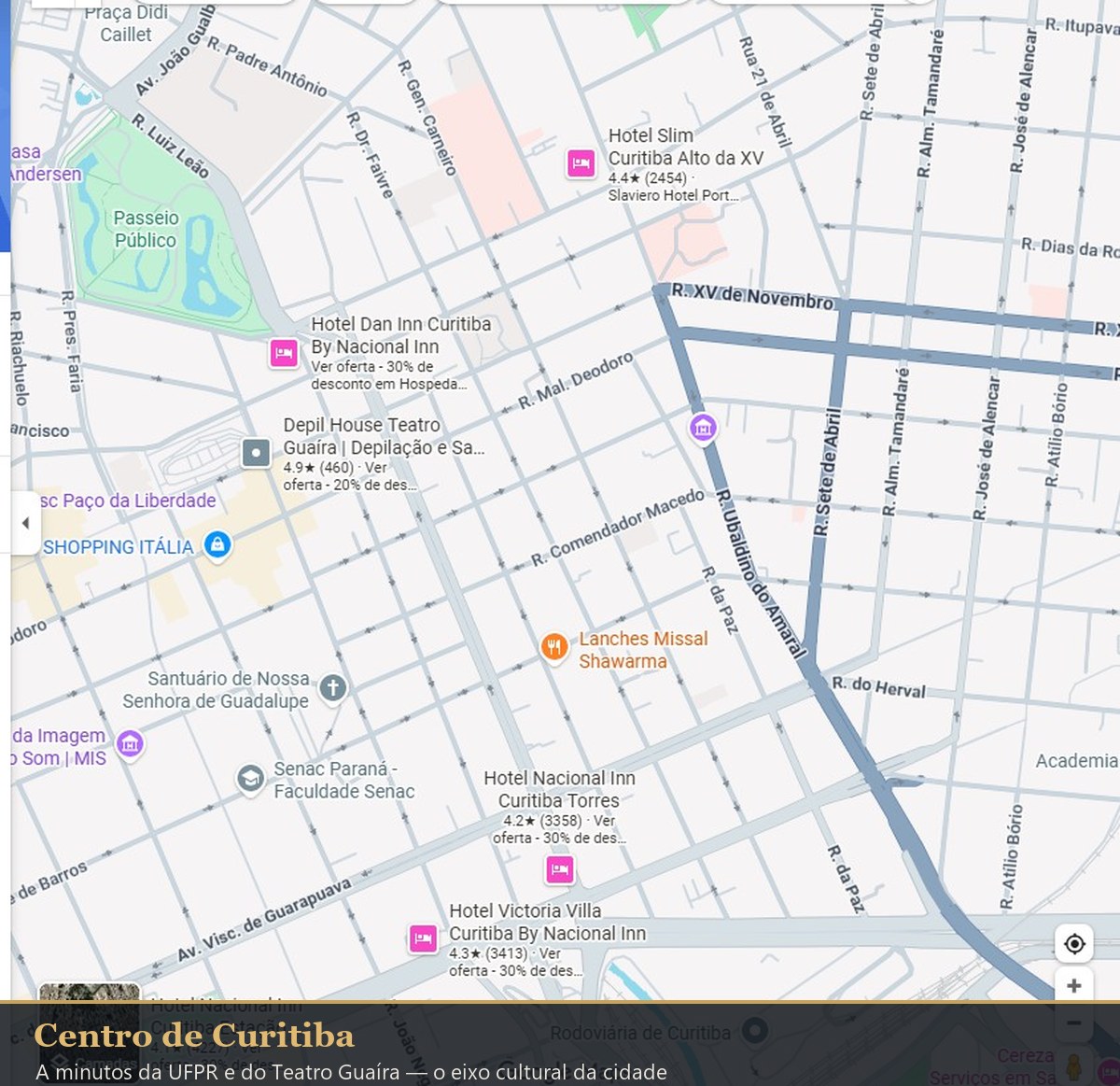 Localização do Fresta no Centro de Curitiba, a minutos da UFPR e do Teatro Guaíra